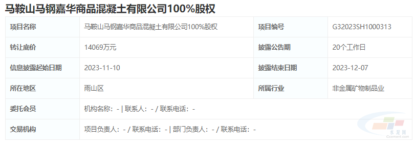 底價1.4億元！馬鞍山馬鋼嘉華商品混凝土100%股權(quán)掛牌轉(zhuǎn)讓，互聯(lián)網(wǎng)銷售布局或啟新篇